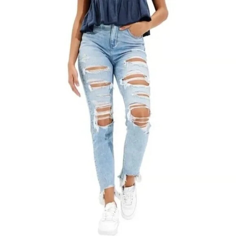 American Eagle AE Stretch Ripped Distressed Mom Jean Denim Light Wash Sz 4
